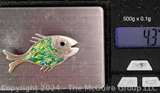 Sterling Silver Guilloche Enamel Fish Brooch Signed by Jeronimo Fuentes, Mexico.  4 grams