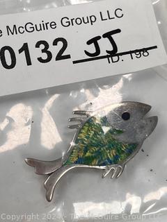 Sterling Silver Guilloche Enamel Fish Brooch Signed by Jeronimo Fuentes, Mexico.  4 grams