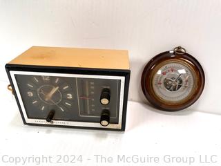 1952 GE Alarm Clock Radio Model 7-4725A Walnut Grain and Wall Barometer made in Germany