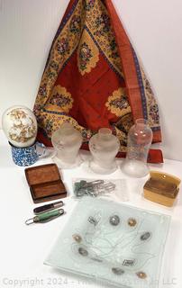 Group Including Leather Box, Jack Knives, Lamp Covers, Glass Egg, Glass Dish and Scarf