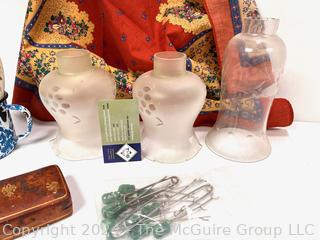 Group Including Leather Box, Jack Knives, Lamp Covers, Glass Egg, Glass Dish and Scarf