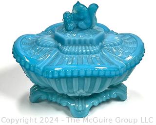 Portieux Opaline Blue Milk Glass Squirrel Covered Candy Dish.