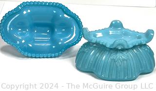 Portieux Opaline Blue Milk Glass Squirrel Covered Candy Dish.