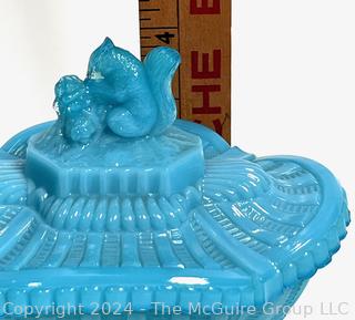 Portieux Opaline Blue Milk Glass Squirrel Covered Candy Dish.