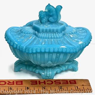 Portieux Opaline Blue Milk Glass Squirrel Covered Candy Dish.