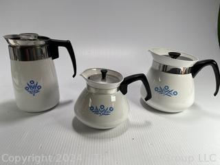 Three (3) Blue Cornflower Corning Ware Tea & Coffee Pots