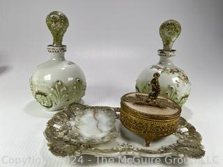 Porcelain Boudoir Decanters, Tray and Ormolu Powder Box and Brush (not shown)