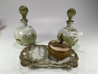 Porcelain Boudoir Decanters, Tray and Ormolu Powder Box and Brush (not shown)