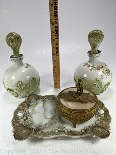 Porcelain Boudoir Decanters, Tray and Ormolu Powder Box and Brush (not shown)