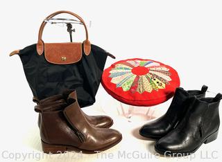 Two (2) Pairs of Women's Cole Haan Booties (5 1/2), Quilted Pillow and Longchamp Tote Handbag