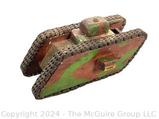 Hand-made Wood and Metal Trench Folk Art Toy Model of WWI Tank