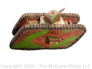 Hand-made Wood and Metal Trench Folk Art Toy Model of WWI Tank