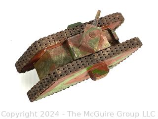 Hand-made Wood and Metal Trench Folk Art Toy Model of WWI Tank