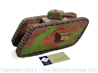 Hand-made Wood and Metal Trench Folk Art Toy Model of WWI Tank