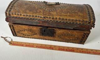 18th C Antique Deer Skin Studded Stagecoach Trunk with Dome Lid. 9 x 9 x 18"