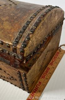 18th C Antique Deer Skin Studded Stagecoach Trunk with Dome Lid. 9 x 9 x 18"