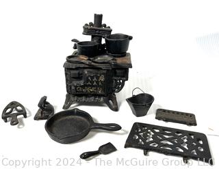 Miniature Cast Iron Salesman Sample Toy Stove with Accessories