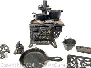 Miniature Cast Iron Salesman Sample Toy Stove with Accessories