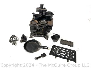 Miniature Cast Iron Salesman Sample Toy Stove with Accessories