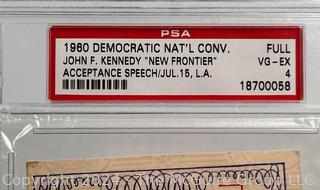 PSA Graded Ticket to the 1960 Democratic National Convention highlighting JFK's "New Frontier" Speech