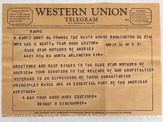 Western Union Telegram from President Eisenhower to Blue Star Mothers Organization