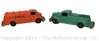 1950's Die-cast Toys Including Metal Orange "GULF" Tanker Truck and Green Pumper Hose Water Truck with Metal Chassis