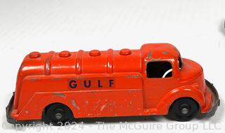 1950's Die-cast Toys Including Metal Orange "GULF" Tanker Truck and Green Pumper Hose Water Truck with Metal Chassis