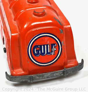 1950's Die-cast Toys Including Metal Orange "GULF" Tanker Truck and Green Pumper Hose Water Truck with Metal Chassis