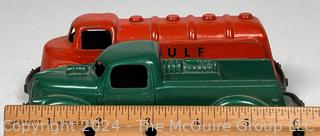 1950's Die-cast Toys Including Metal Orange "GULF" Tanker Truck and Green Pumper Hose Water Truck with Metal Chassis