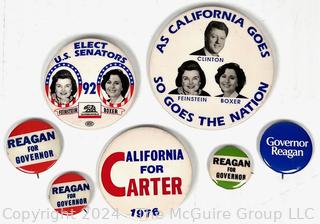 California Political Pins Including Reagan, Carter, Clinton, Feinstein, Boxer