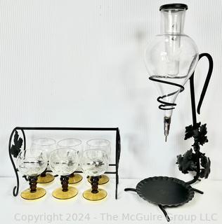 Wrought Iron & Glass Wine Aerator Dispenser with Six (6) Hand Blown Stemmed Wine Goblets wth Carrier