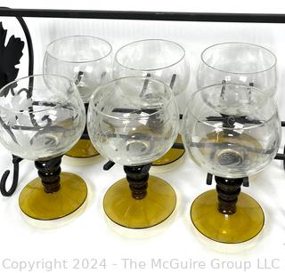 Wrought Iron & Glass Wine Aerator Dispenser with Six (6) Hand Blown Stemmed Wine Goblets wth Carrier