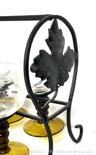 Wrought Iron & Glass Wine Aerator Dispenser with Six (6) Hand Blown Stemmed Wine Goblets wth Carrier