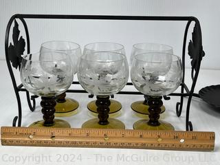 Wrought Iron & Glass Wine Aerator Dispenser with Six (6) Hand Blown Stemmed Wine Goblets wth Carrier