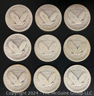 Nine (9) Coin Lot US Silver Standing Liberty Quarter Dollars  