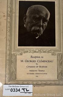 Reception Program Honoring M. Georges Clemenceau by the Citizens of Boston 1922