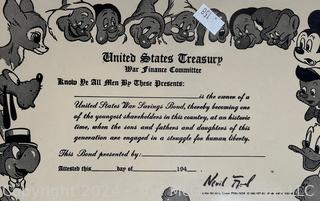 (Walt Disney) U.S. Treasury War Finance Committee Savings Bond Circa 1940's