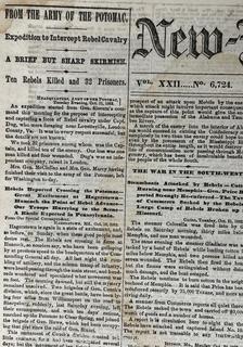 October 22, 1862 New-York Daily Tribune Newspaper and January 13, 1863 Rochester Evening Express Newspaper. Coverage of Civil War Battles