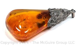 Large Amber Pendant with Ornate Silver Mount. 3" long, 31.6 grams