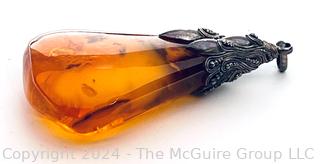 Large Amber Pendant with Ornate Silver Mount. 3" long, 31.6 grams