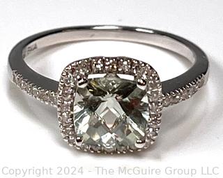 14k White Gold Cushion Cut Green Amethyst Ring by EMA. 2.4 grams