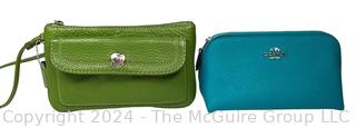 Two (2) Small Coach Handbags Including Green Wristlit and Blue Cosmetic Bag