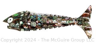 Mid Century Made in Mexico Articulated with Abalone Shell Scales: Fish Shaped Bottle Opener. Measures 14"L