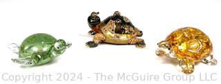 Three (3) Decorative Turtles Including Lenox Blown Glass Paperweights and Enamel Painted Trinket Box.  