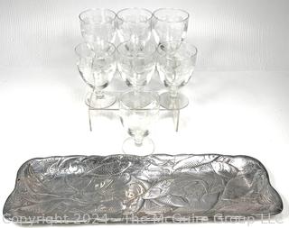 Arthur Court Pewter Tray and Set of Etched Crystal Wine Goblets