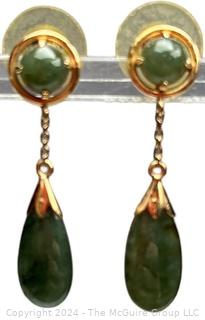 Pair of Pierced 14Kt Yellow Gold (unmarked but tested) with Jade Stone Dangle Earrings. 4 grams total weight 