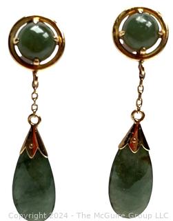 Pair of Pierced 14Kt Yellow Gold (unmarked but tested) with Jade Stone Dangle Earrings. 4 grams total weight 