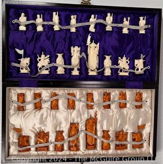 Chinese Figural Hand Carved Bone Chess Set & Case