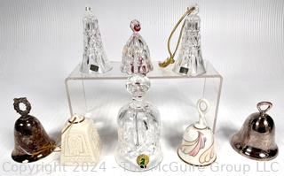 Collection of Christmas Crystal, Porcelain and Silver Plated Handbells by Wedgwood, Belleek. Gorham and Kirk & Stieff