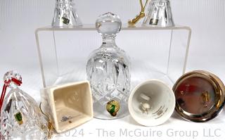 Collection of Christmas Crystal, Porcelain and Silver Plated Handbells by Wedgwood, Belleek. Gorham and Kirk & Stieff